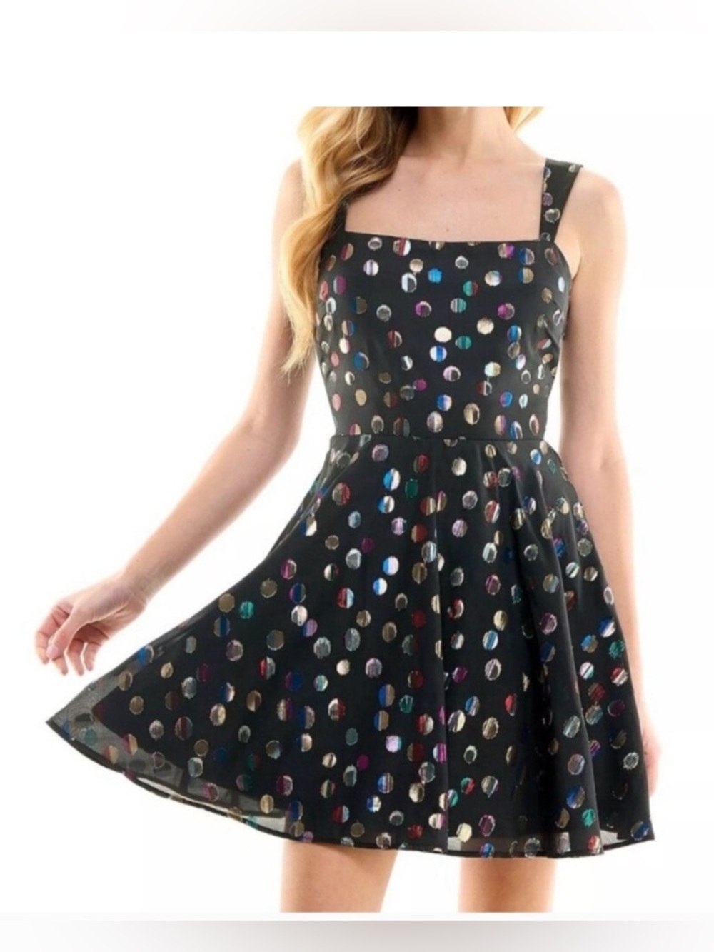 City Studio Black Fit-and-Flare Mini Dress with Multicolor Metallic Dots